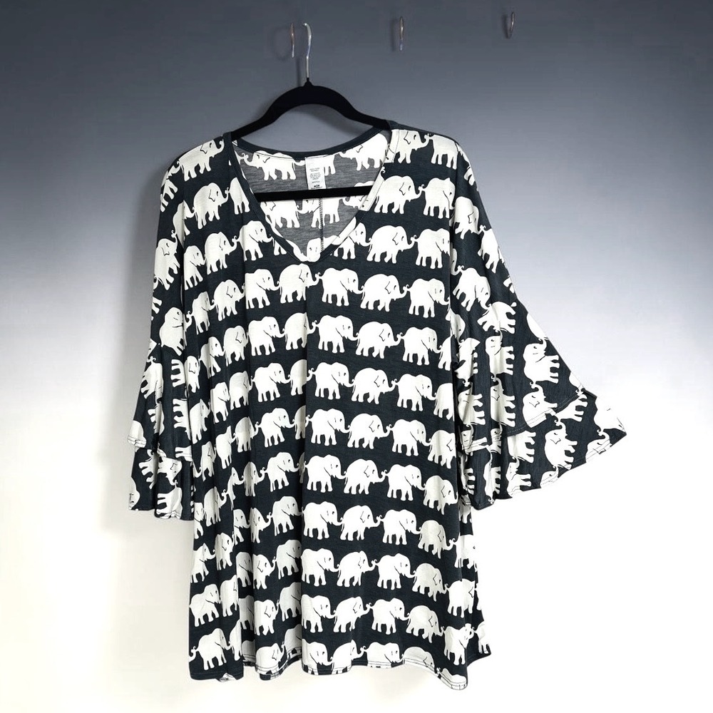 Elephant Print Tunic Top Plus 2XL Tiered Ruffle Bell Sleeve Coastal Boho USA
